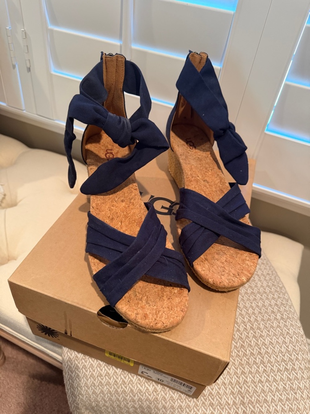 UGG Navy Cork Wedge Sandals with Ankle Wraps